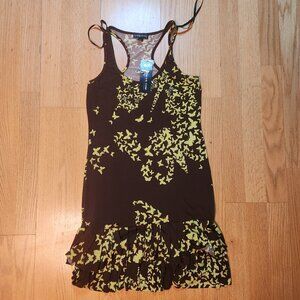 Rampage Dress Brown Yellow Cascade Butterflies Ruffled Hem Racerback M Boho Gems